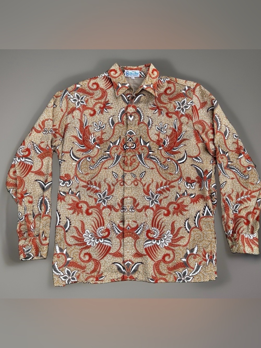 Vintage Batik Danar Hadi Solo Indonesia Phoenix Floral Long Sleeve Shirt XL 46